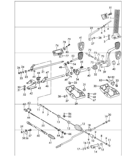 Diagram 702-05 Porsche Cayman 987C/981C (2005-2016) Sistema a leva manuale, gruppo pedali 