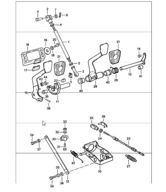 Diagram 702-05 Porsche Panamera 4 V6 3.6L 4WD (310 ch) Système de levier manuel, groupe de pédales 