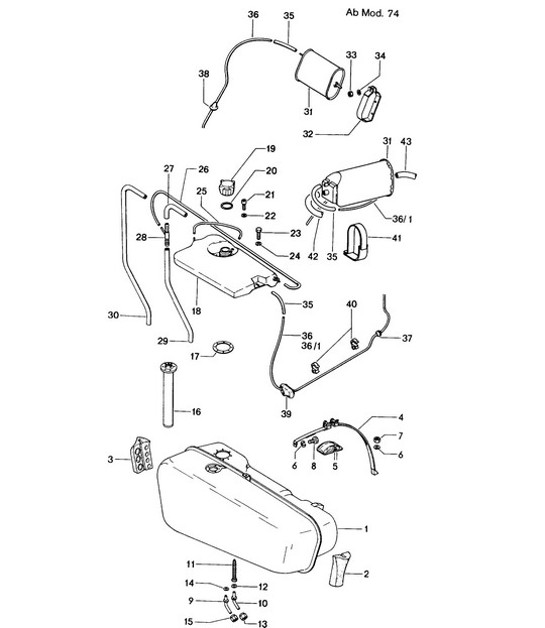 Diagram 201-005 Porsche 914 (1970-1976) Sistema de combustible, sistema de escape