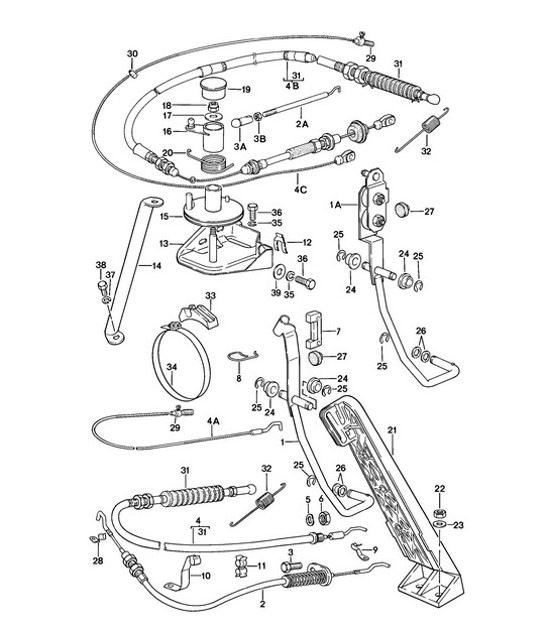 Diagram 702-015 Porsche 996 C4 3.4L 1997-08/01 Hand Lever System, Pedal Cluster