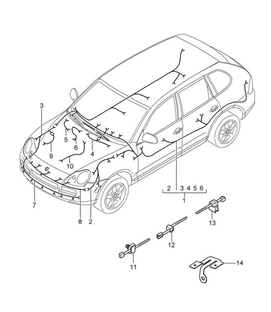 Wiring harnesses / Passenger compartment / Bumper / FRONT luggage compartment / Anti-lock brake system / Brake pad wear indicator / Front axle Cayenne 9PA (955) 2003-06