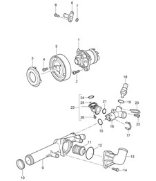 Coolant pump / Thermostat housing (Model: 5501) Cayenne 9PA1 (957) 3.6L 2007-10