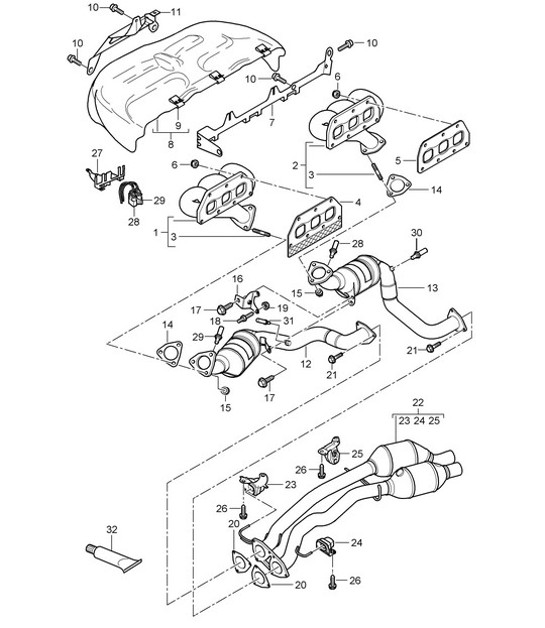 Diagram 202-010 Porsche 996 C2 3.4L 1997-08/01 Sistema di alimentazione, sistema di scarico