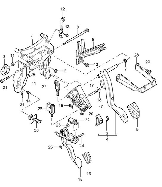 Diagram 702-005 Porsche Macan Turbo 3.6L V6 400 CV Sistema de palanca manual, conjunto de pedales 