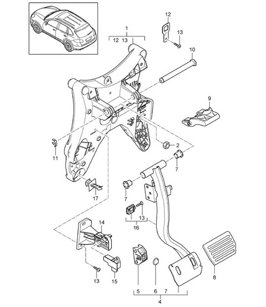 Diagram 702-002 Porsche Macan benzina 2.0L V4 237Bhp Sistema a leva manuale, gruppo pedali 