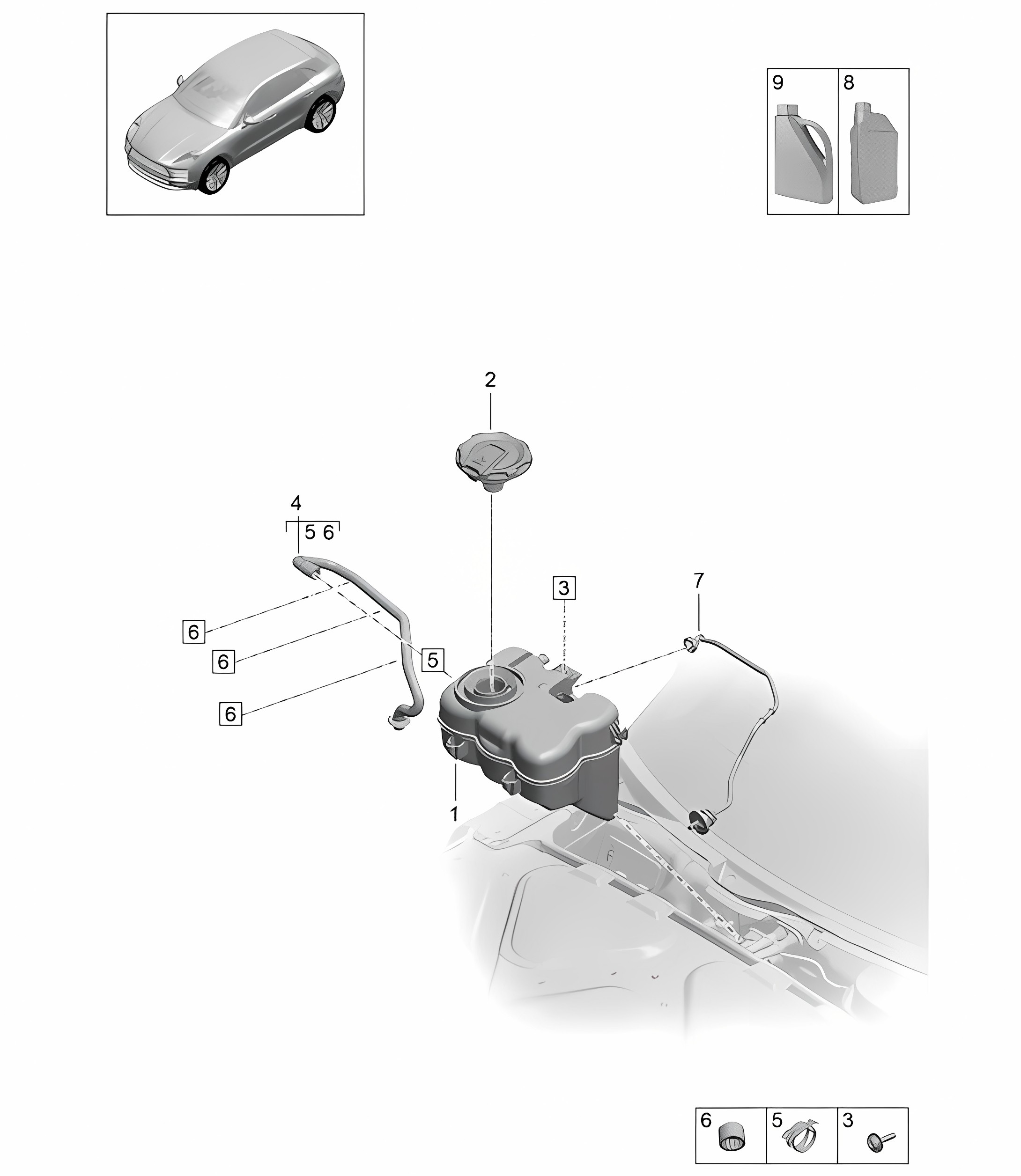 Coolant expansion tank / Coolant additive - PR:L0R (Right-Hand drive) +GP2 - 95B (II / III) Macan 2019 - 2024