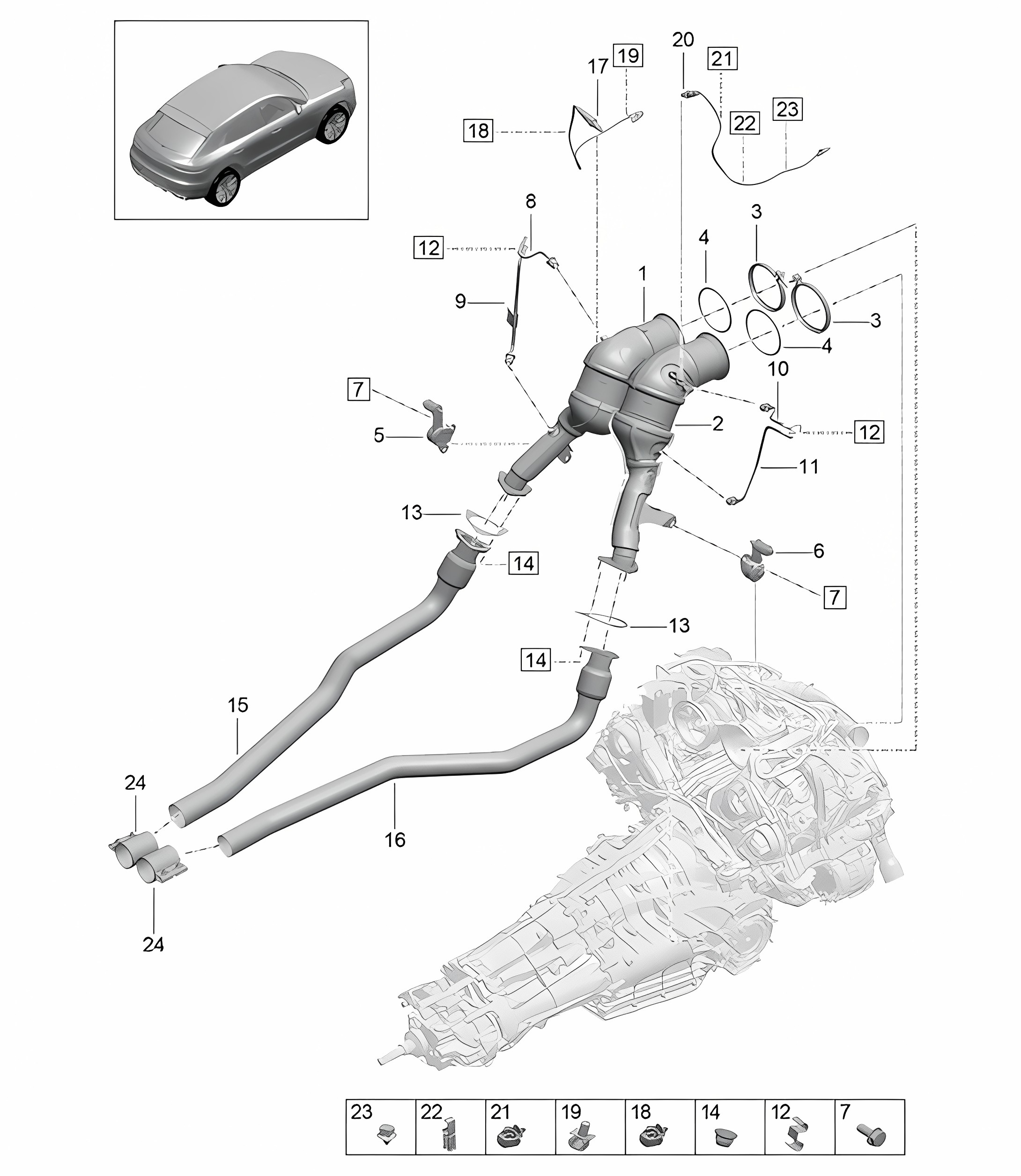 Catalytic converter / Petrol particulate filter / Lambda sensor / Exhaust gas temperature sender - PR: 4BD,4BF,BI, 7CR, D1C, D29, GP1 -  95B (II / III) Macan 2.9L 2019 - 2024