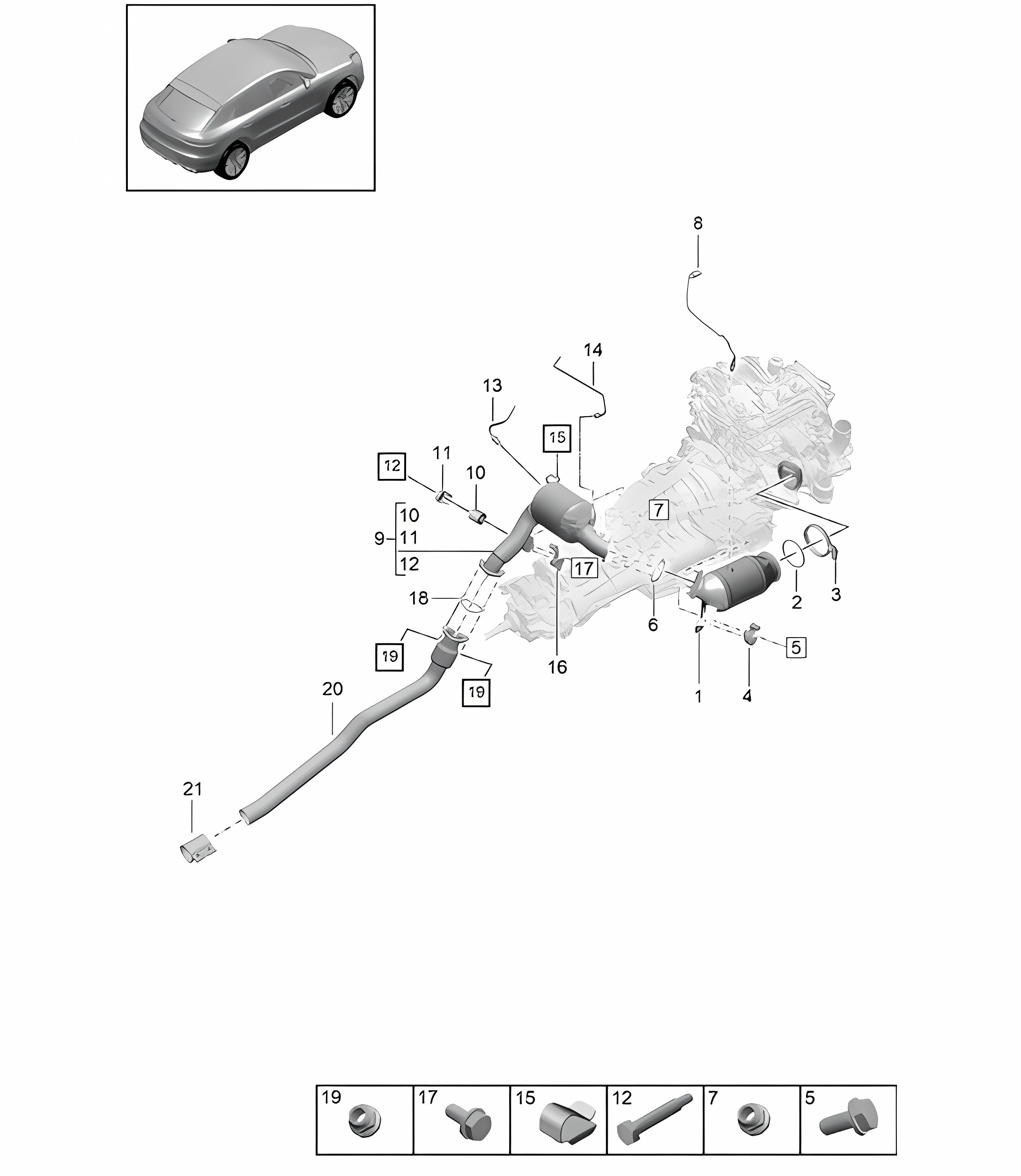 Catalytic converter / Petrol particulate filter / Lambda sensor - PR:4BI, 7CR + T2B + GP2 - 95B (II / III) Macan 2.0L 2019 - 2024