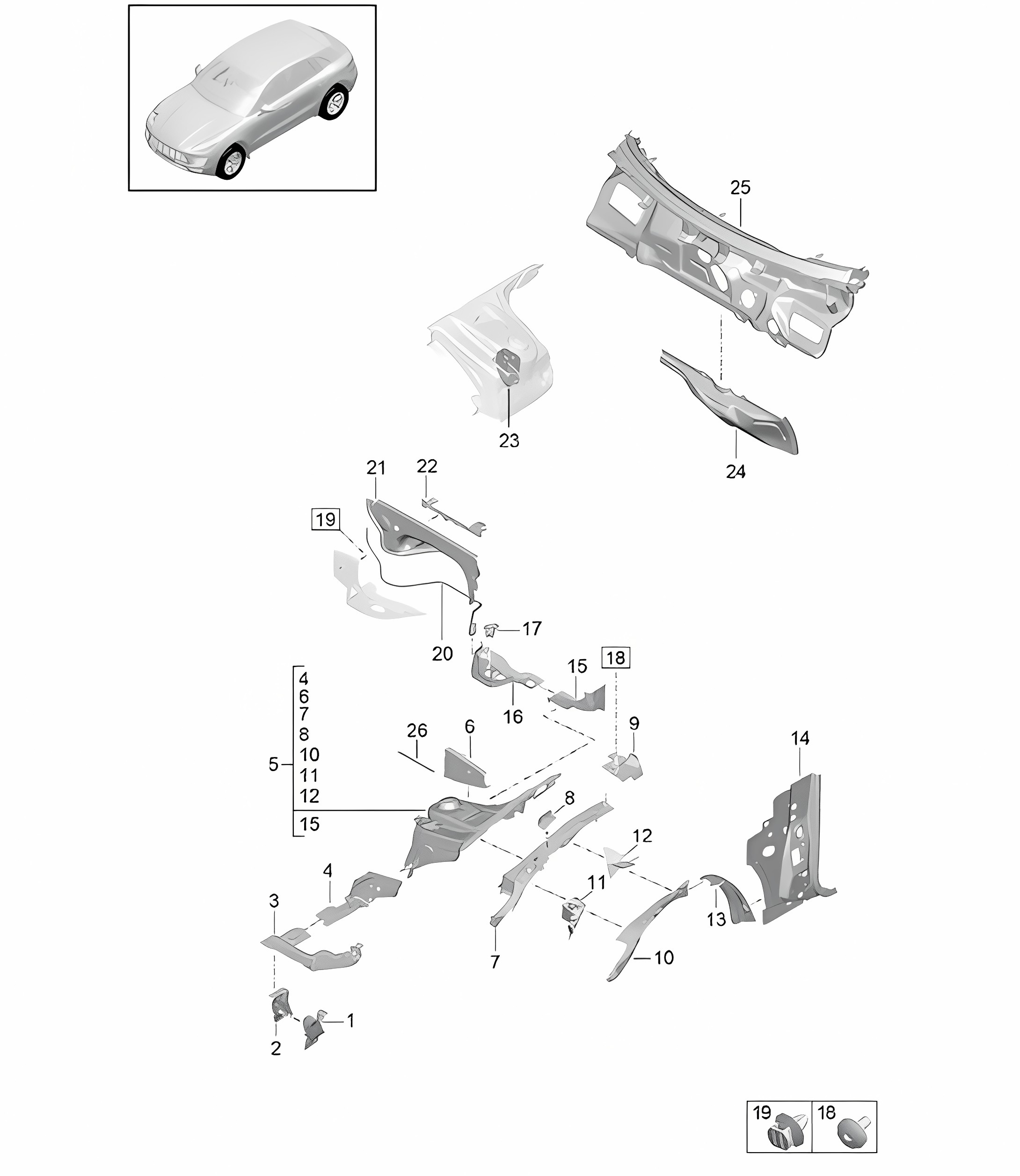 Front end / Suspension strut mounting / Firewall  95B (II / III) Macan  2019 - 2024