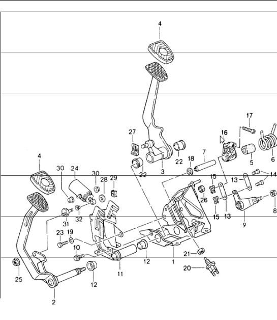 Diagram 702-02 Porsche 964 (911) (1989-1994) Hand Lever System, Pedal Cluster 