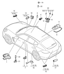 Eclairage intérieur / Eclairage coffre / Témoin de porte / Eclairage pieds / Eclairage / Rétroviseur extérieur Panamera 970 (G1) 2010-16