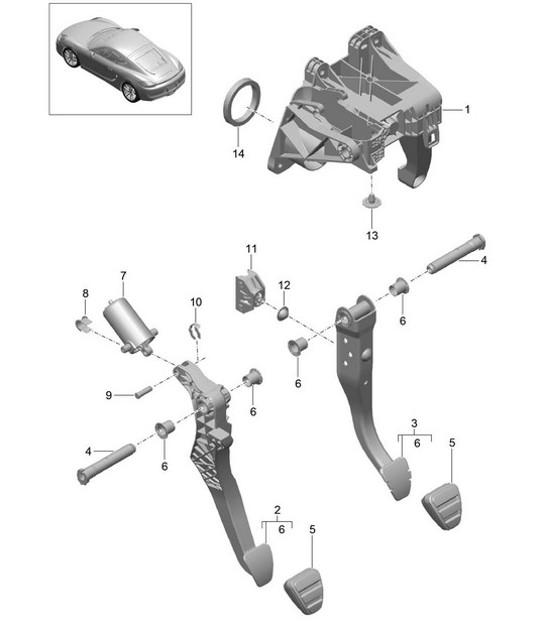 Diagram 702-000 Porsche Cayman 987C/981C (2005-2016) Système de levier manuel, groupe de pédales 