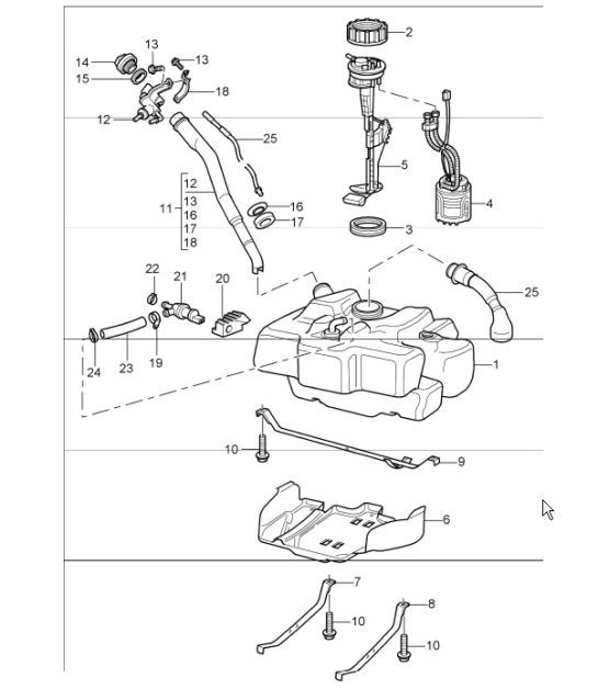 Diagram 201-00 Porsche Boxster 986/987/981 (1997-2016) Sistema di alimentazione, sistema di scarico