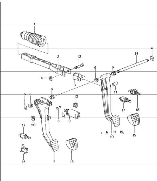 Diagram 702-00 Porsche 997 (911) MK1 2005-2008 Sistema a leva manuale, gruppo pedali 