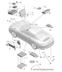 Pantalla / Ordenador central / Navegación / TV / micrófono / Interfaz multimedia / Caja de acoplamiento / Cámara / Línea de conexión 991.2 Carrera 2017-19