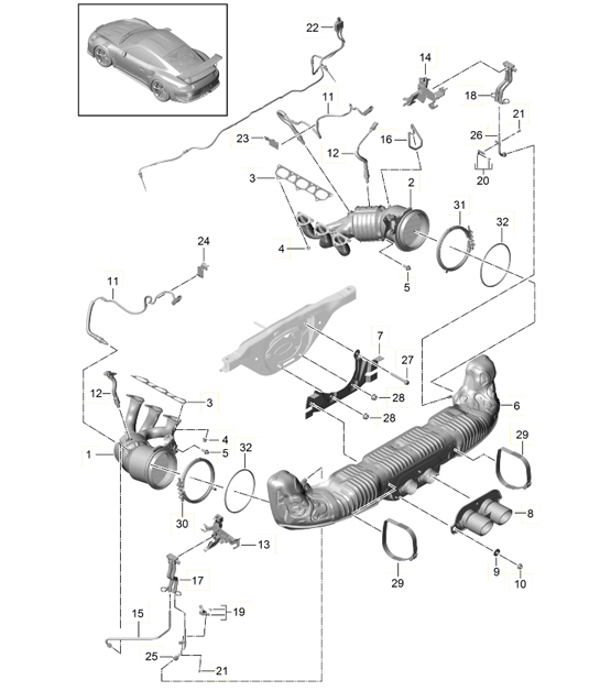 Diagram 202-008 Porsche Cayman S 3.4L 987C 2005-08 Sistema di alimentazione, sistema di scarico