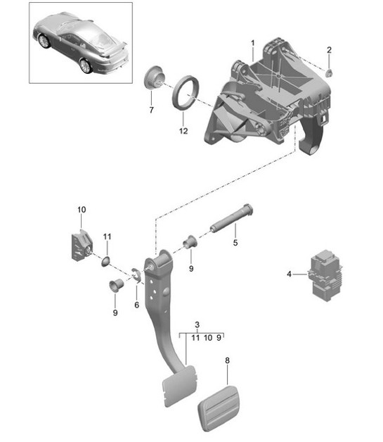 Diagram 702-000 Porsche 914 (1970-1976) Sistema a leva manuale, gruppo pedali 