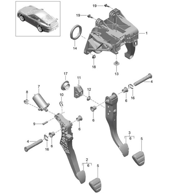 Diagram 702-002 Porsche 957 Cayenne S/GTS 4.8L 2007-10 Hand Lever System, Pedal Cluster 