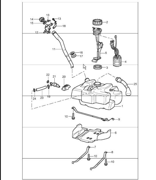 Diagram 201-00 Porsche 开曼 2.7L 987C 2006-08 燃油系统、排气系统