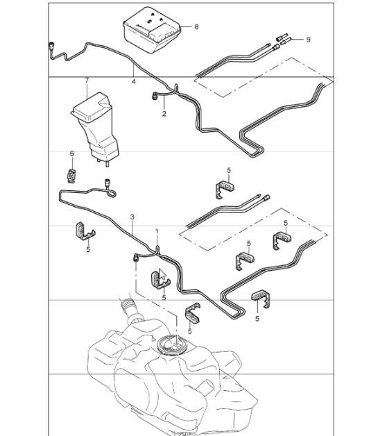 Diagram 201-05 Porsche 997 (911) MK1 2005-2008 Système de carburant, système d'échappement