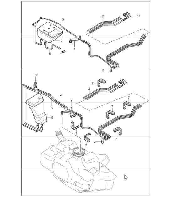 Diagram 201-05 Porsche Cayenne Turbo 4.5L 2003>> Sistema de combustible, sistema de escape