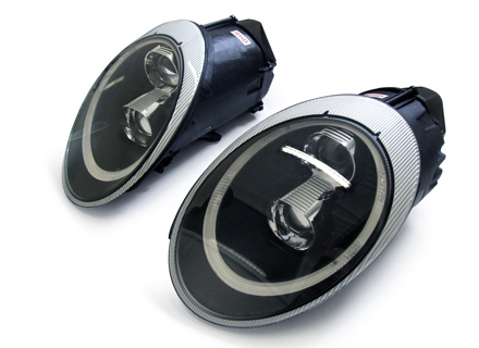 Headlamp Dual Projector Halogen + Aurora light, Black Lens. Porsche 997 05-08 BLACK LENS RHD