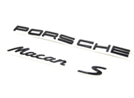 'PORSCHE Macan S' Rear badge, in Black (high-gloss). Porsche Macan - 95B04480281041, 95B04480281