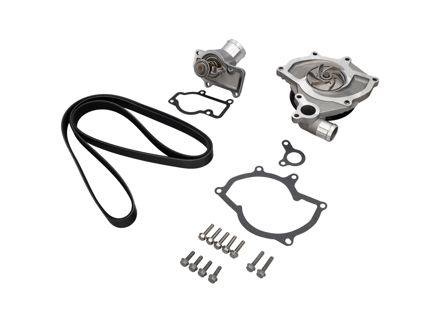 Waterpompset met riem en thermostaat. Porsche Boxster 986 / 996 zonder airco (geen turbo). - 99610601155, 996.106.11.55, 99610601156, 99610601157, 99610215165, 99610632650, 99610601360, 99610601151, 99610601153, 99610601154, 99610601361