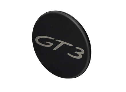 Emblema de tapa de bloqueo de rueda central 'GT3', en negro mate. Porsche 991 GT3 - 9P1601349EOK1, 99136120790