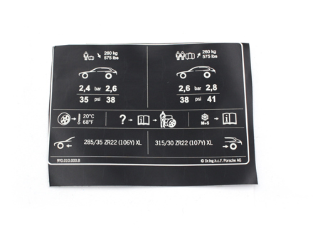 Tyre pressure sticker. Porsche 9YA Cayenne - 9Y0010000B