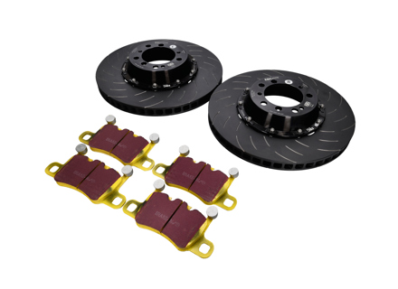 EBC Racing tweedelig zwevende remschijf achter en yellowstuff remblokset. Porsche 991 turbo / 981 Cayman GT4 - P2DK042Y, 99135240703, 99135240803, 99135294705 - DP42207R, SG2F012