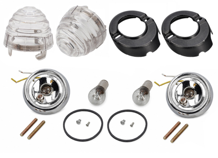 Front turn signal set, with Clear lenses. Porsche 356B / 356C - 64463140106, 64463140206, 64463140101, 64463140201, 64463141101