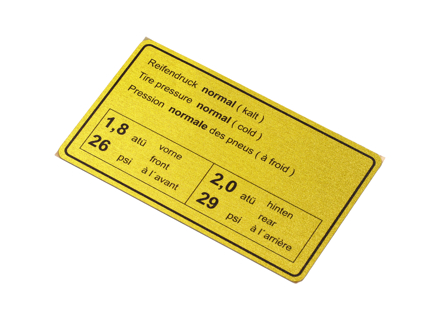 Adesivo Pressione dei pneumatici Normale. Porsche 911 65-72/914 - 90100650500 Adesivo Pressione dei pneumatici Normale. Porsche 911 65-72/914 - 90100650500