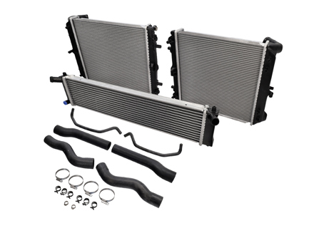 Waterkoelvloeistofradiator en leidingenset voor de voorradiatoren. Porsche 996 C2/C4 automaat/Tiptronic. - 99610662255, 99610662654, 99610613753, 99610613853, 9961066558, 99610666656, 99610613151, 99610613150, 99610613251, 99610603750, 99610603751, 99610603752, 99610603753