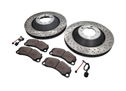 Front brake pads and brake disc package. Porsche Cayman 981 GT4 Sebro - 98135140581, 98135140681, 99135194704