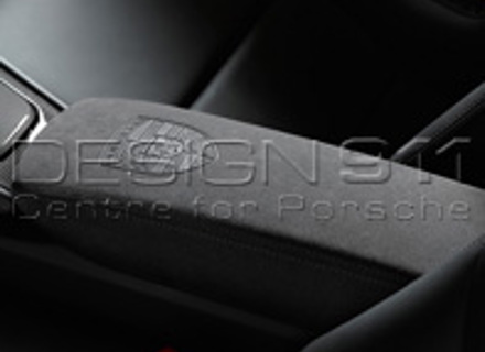 Lid of centre console storage box BLACK ALCANTARA with PORSCHE CREST. Porsche 991 / 981 Boxster / 981 Cayman - 991553982372W0