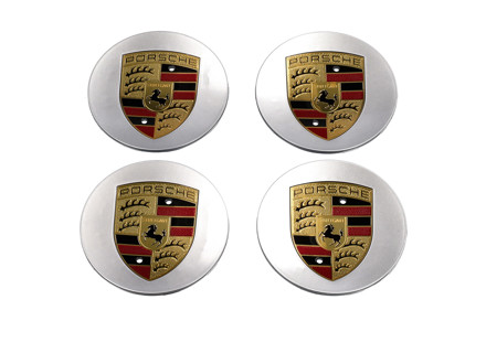 Wheel Center cap set (4 pcs.) Concave with coloured Porsche crest, in Brilliant Chrome - 00004460703, 00004460503, 97004460014