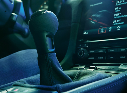 PDK Gear Selector lever, Leather, in Black. Porsche 982 Cayman GT4 RS - 982713120A, 982713120A8YR