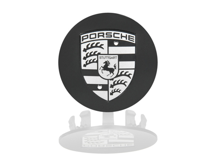 Wheel cup with monochrome Porsche Crest logo, Matt black. Porsche 955 / 957 Cayenne - 9P1601147JE1