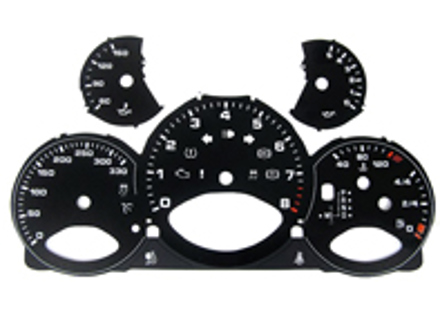 Instrument face set, Black. Porsche 997.2 PDK - KPH - 330 MPH - 9764121002PDK - F97 641 210 02TIP, F9764121002TIP
