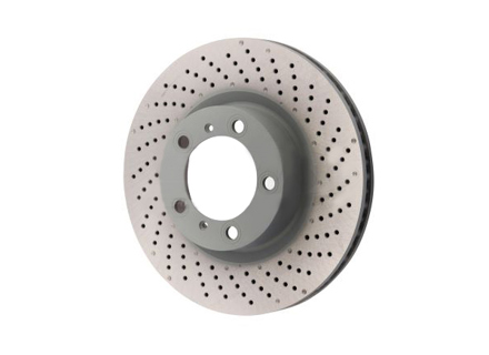 Brake Disc Rotor, Front, drilled-dimpled monoblock, 330x28mm. Porsche 997 MKII / 991 / 981/982 Boxster / 981C/982C Cayman - 99735140101, 99735140201, 99735140100, 99735140200 - PFL39971, PFR39972