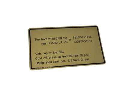 Etichetta con la pressione degli pneumatici. Porsche 928 modelli USA 1980-84 - 92800650800 - PAKRB