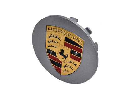 Wheel cap Silver metallic with coloured crest. Porsche 958 Cayenne / 991 / 997 / 987 - 9P1601149AM7Z, 7PP601152AM7Z, 99736130301