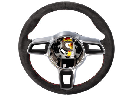 Steering wheel Black Alcantara / Guards Red. Porsche Cayman GT4 - 9P1419091AHRAH, 9P1419091FSRAH