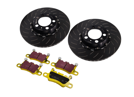 EBC Racing rear two-piece floating brake disc and yellowstuff pad kit. Porsche 991 GT3 - P2DK044Y, 99135240780, 99135240880, 99135294883 - DP42207R, SG2F013