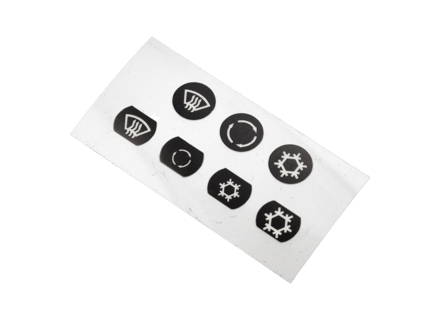 Climate control unit push button sticker set. Porsche 944 / 964 / 993 - 96465904XXX, 96465904500, 96465904501, 96465904600, 96465904601, 96465904700, 96465904701, 6465392100, 94465392300, 94465392100, 96465914600, 9646591460001C