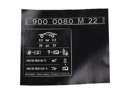 Adhesivo - Placa de datos de presión de neumáticos. Porsche 981 Caimán GT4 2016 - 98170128680, 98170128636