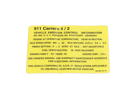 Motorgegevenssticker/-decal - Australische markt. Porsche 993 Carrera 1994-98 - 99300610700, 99300610702, 99300610703, 99300610707, 99300610710