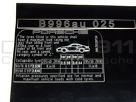 Sticker Tyre Pressure Porsche 996 C4S (AUS) - 99670128750 Sticker Tyre Pressure Porsche 996 C4S (AUS) - 99670128750