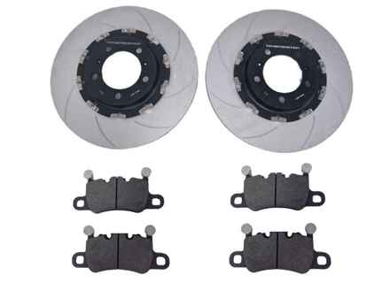Floating brake disc and pad set slotted REAR. Porsche 991 GT3 / 981 GT4 / 718 GT4 / 718 Spyder - 99135240780, 99135240880, 98135240780, 98135240880, 98135240781, 98135240881, 98135294880, 98135294882, 9GT698451G, 99135294880, 99135294881, 99135294883 - 9GT615601N, 9M9GT698451